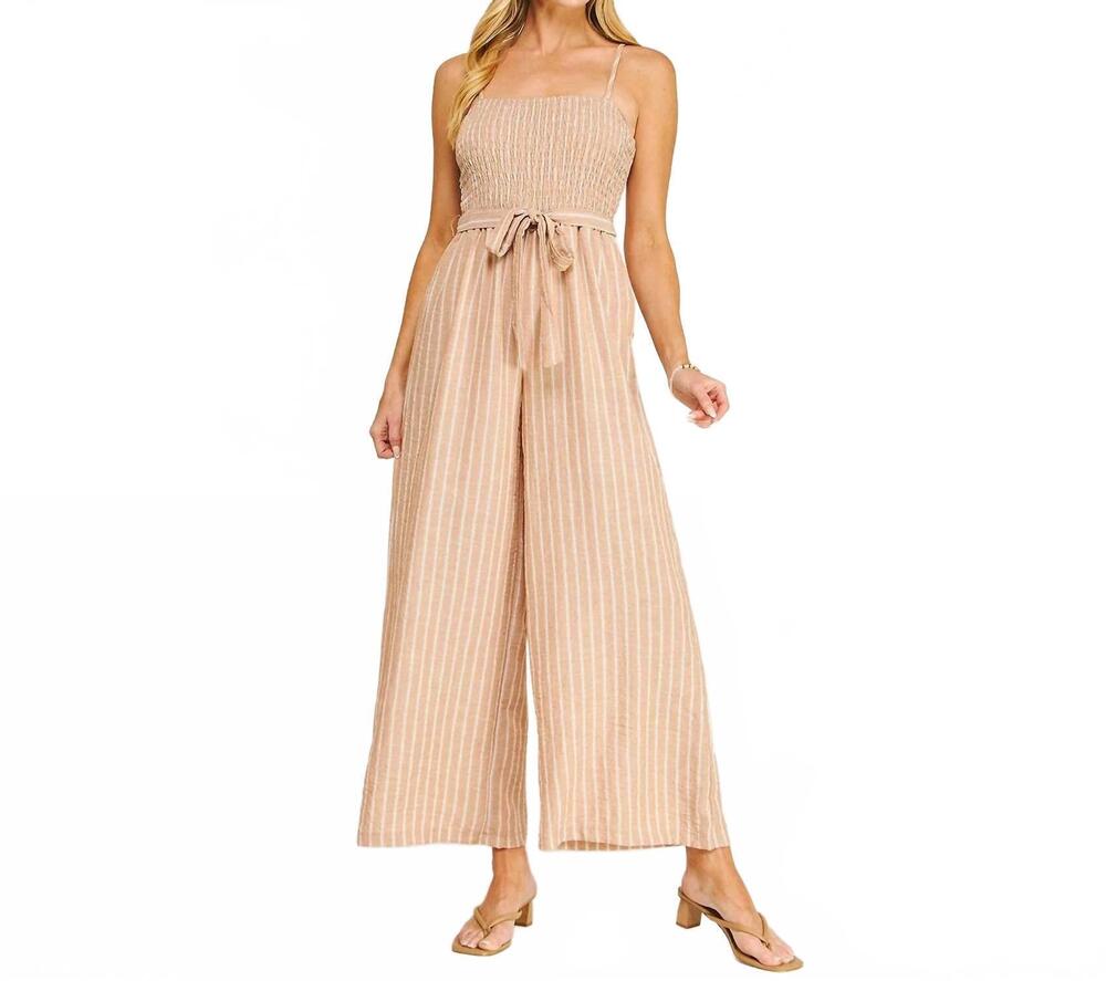 NEW WINSLOW COLLECTION coastal stripe smocked wide leg jumpsuit in tan